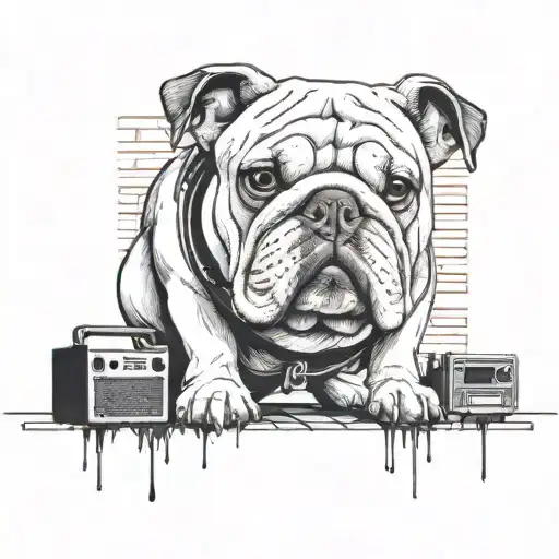 English Bulldog Wearing Hip Hop Clothes Standing Against A Brick Wall With Boombox At His Feet