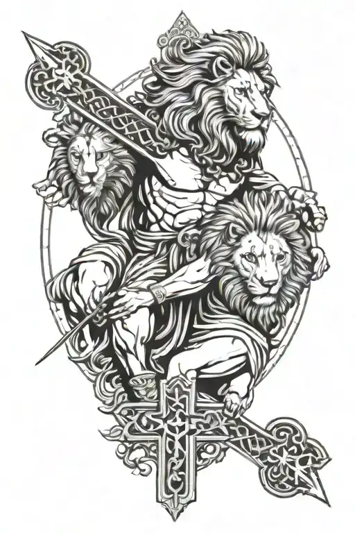 A Lion And God Holding A Cross