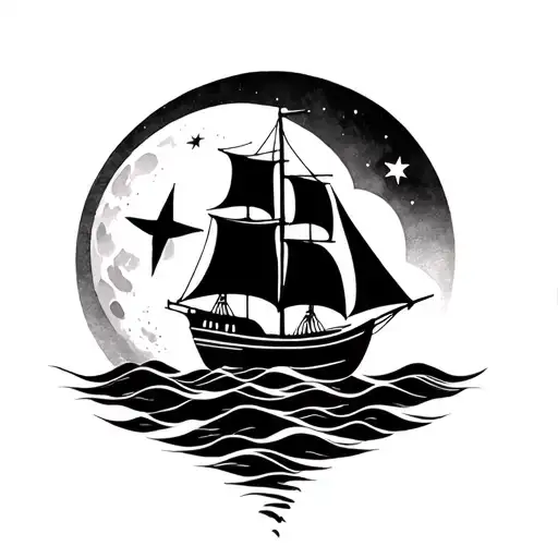 Sail Boat With One Moon And Only One Star
