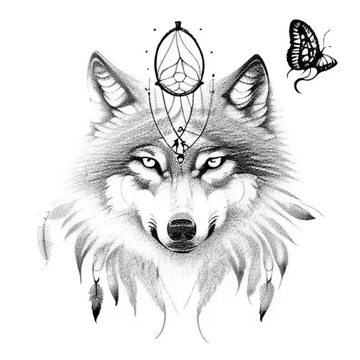Wolf With Butterfly's And Dream Catcher