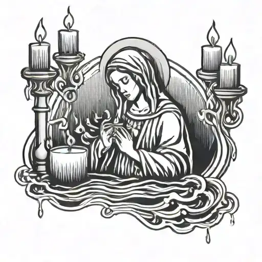 Virgin Mary Praying And Criying Over Candles Floating On The Water