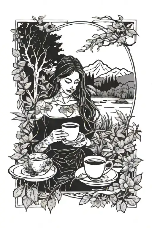 Sexy Girl Drinking Coffee Cup Surrounded By Nature