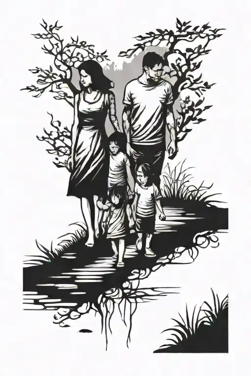 Mother Father And Two Children Walking Holding Hands