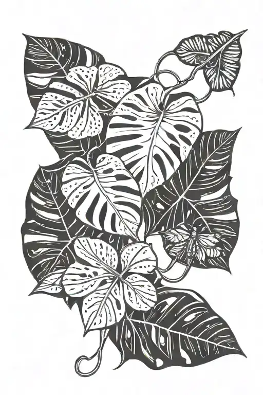 Monstera Leavesd And Snake And Scissors