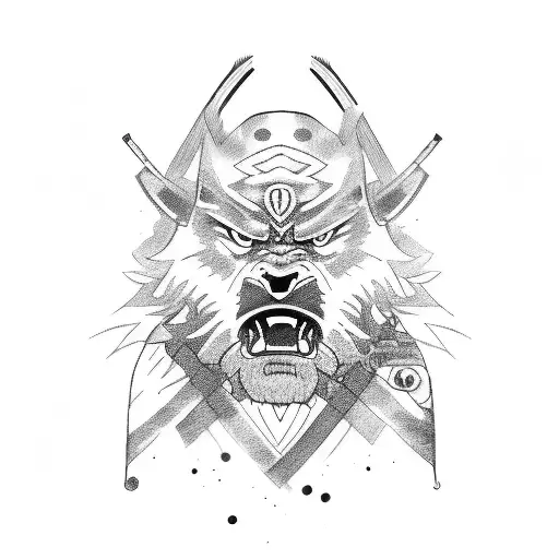 A Sketch-style Depiction Of A Samurai And A Pack Of Raging Mad Dogs