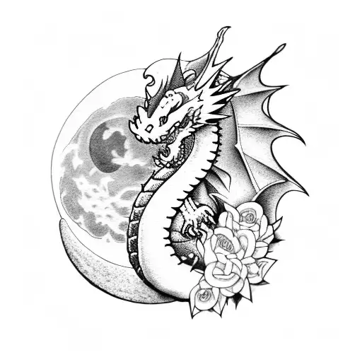 Cute Dragon With Flowers And The Moon