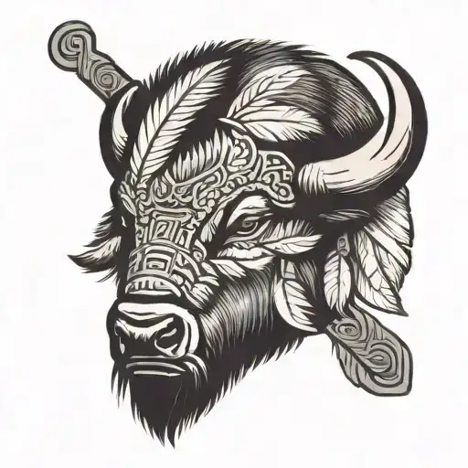 Bison And Feather With Lacrosse Stick