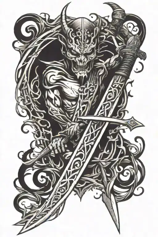 Long Sword With One Devil Face Behind The Sword With Devil Eyes