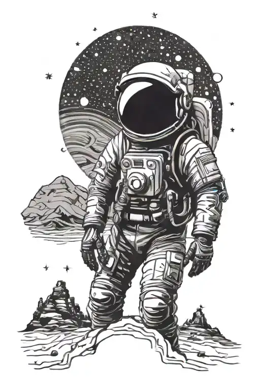 A Cosmic Desert Landscape With A Lone Astronaut Waiting Under A Starry Sky