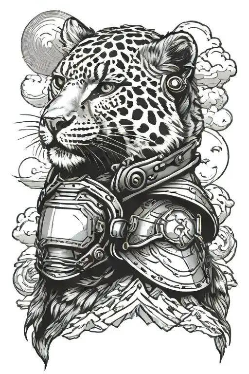 Snow Leopard With Samuri Helmet With Clouds And Mountains In The Background