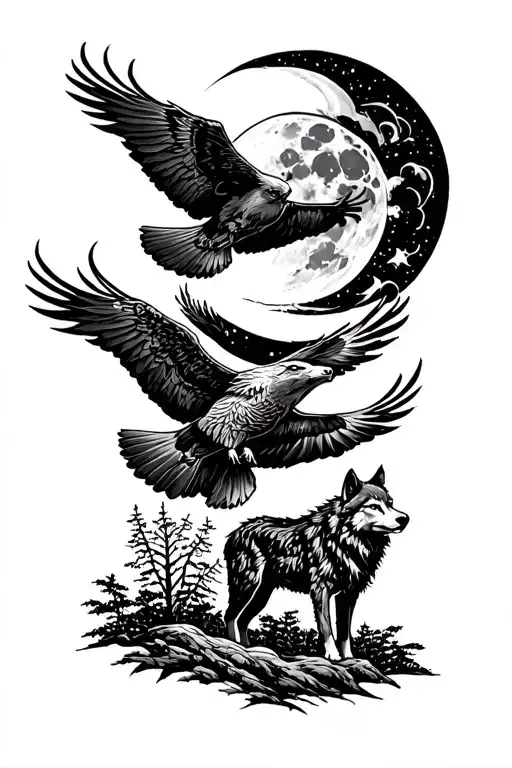 Woods With Moon And Wolf And Eagle Flying Across