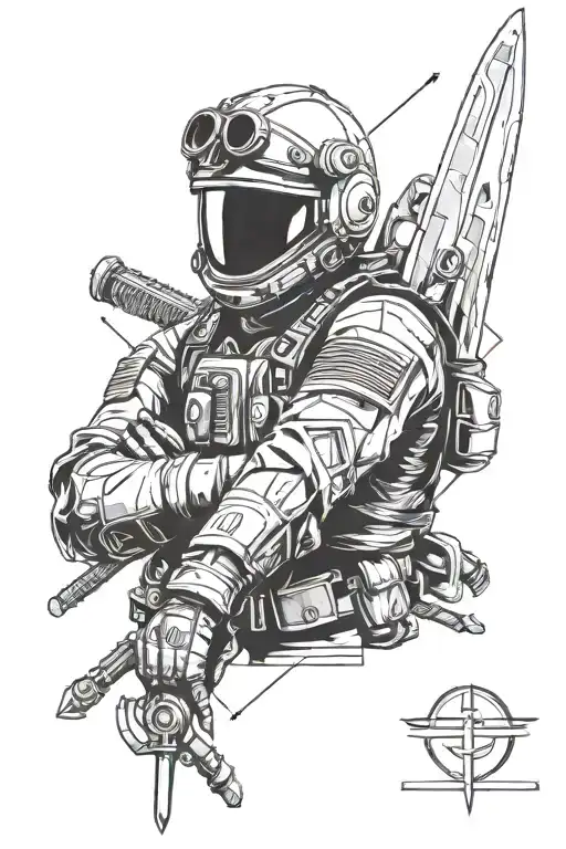 Royal Fighterpilot And Sword In Technical Drawing Style