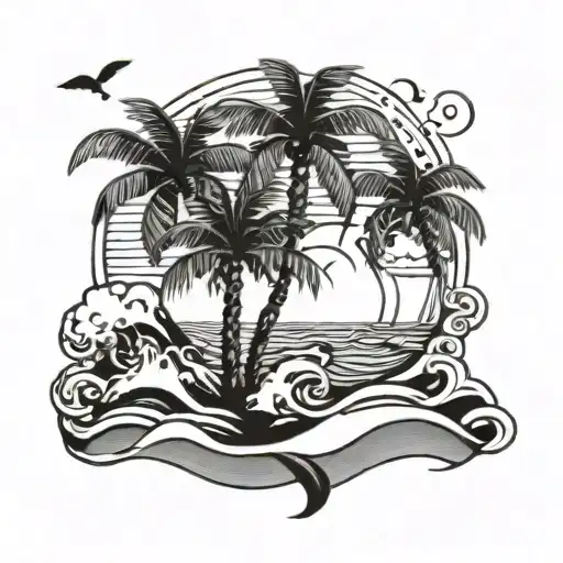 Waves Palm Tree Beach Birds