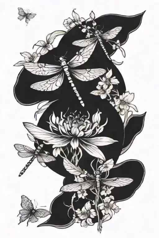 August And March Birth Flowers With Dragonflies Flying