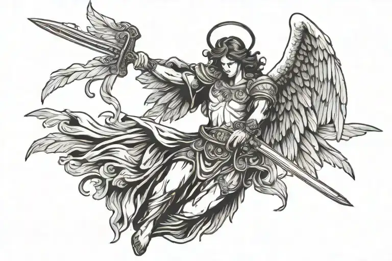 Angel With Spread Wings And Sword In His Hand Reaching