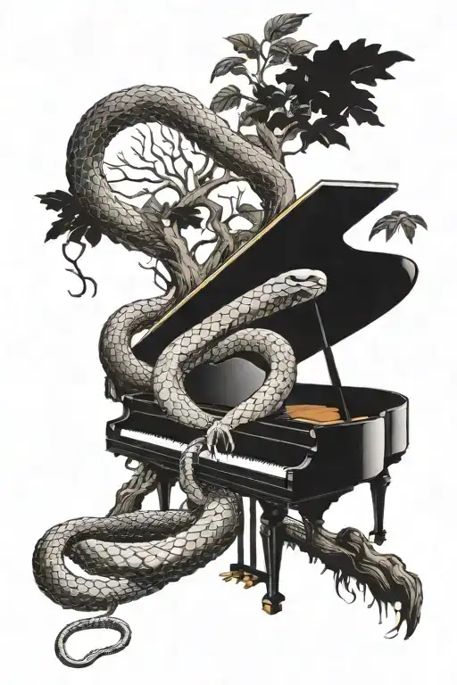 A Snake Coiled Around A Grand Piano With Deep Tree Roots Intertwining In The Background
