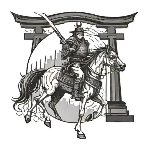 Torii Gate With Samurai Warrior Wielding A Sword On A Horse