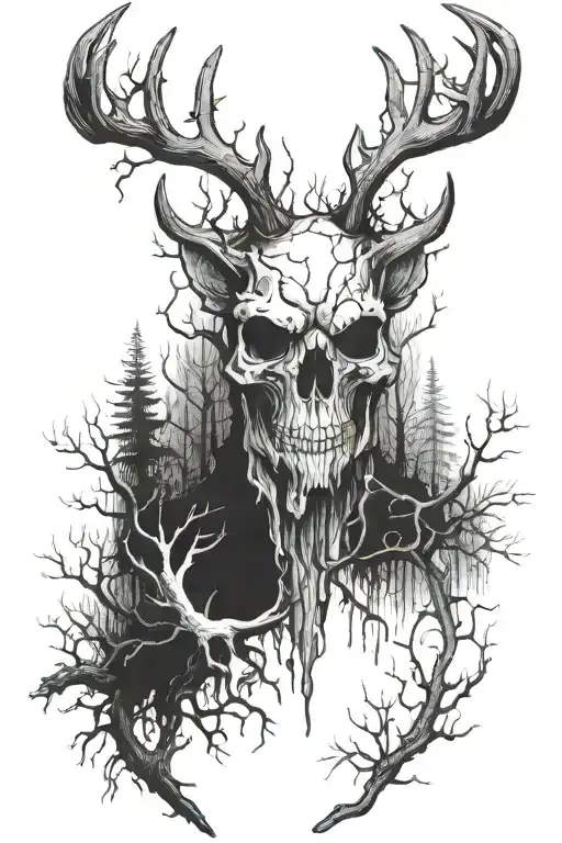 Cryptic Creature In Forest With Antlers And A Skull Face