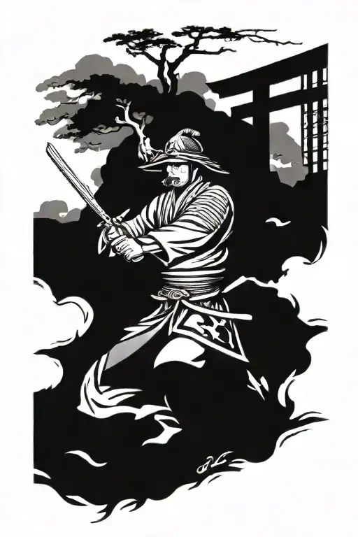 Samurai Wielding A Sword Torii Gate Opening
