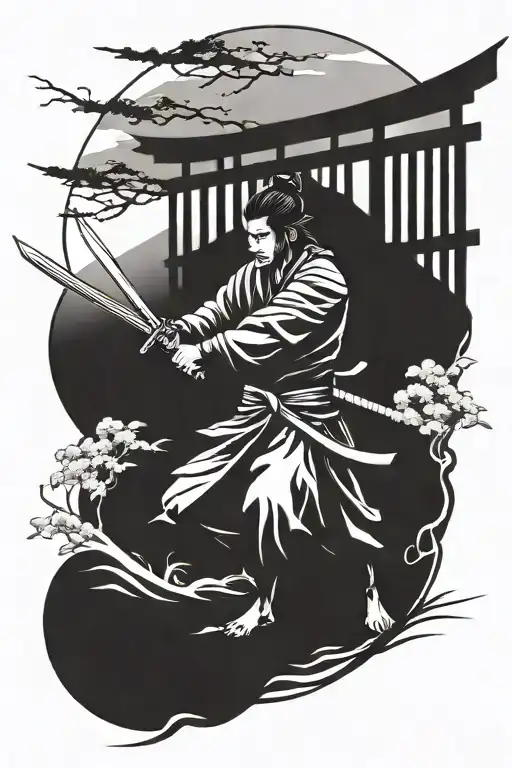 Samurai Wielding A Sword Torii Gate Opening