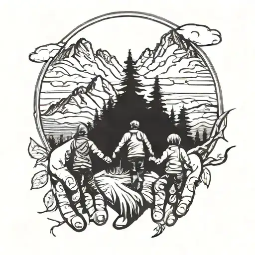 Dad And Kids Holding Hands With Mountain In Background