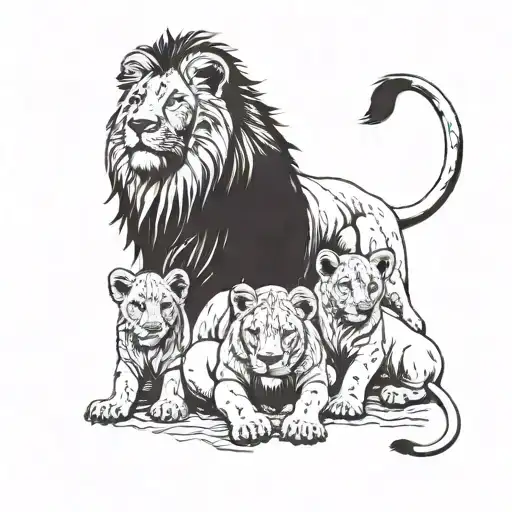 Lion And 5 Cubs Playing