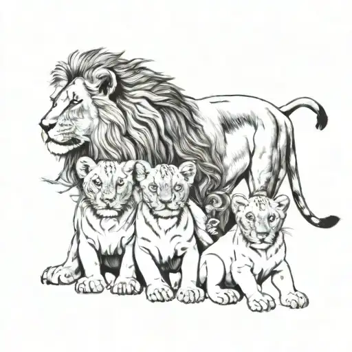 Lion And 5 Cubs Playing