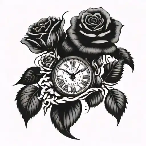 Lion Head Roses Growing Together With Oldschool Clock