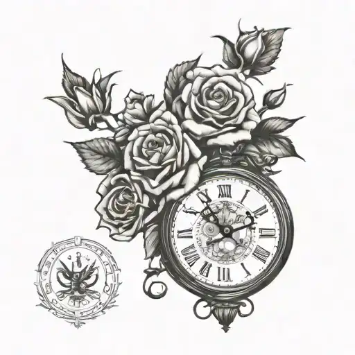 Roses Growing Together With Oldschool Clock And Lion