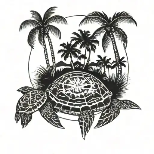 Wind Rose Under The Island With Palm Trees Standing On A Turtle