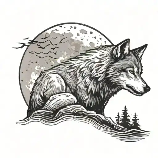 A Wolf Howling At The Moon While Sitting Next To A Peaceful Waterplace