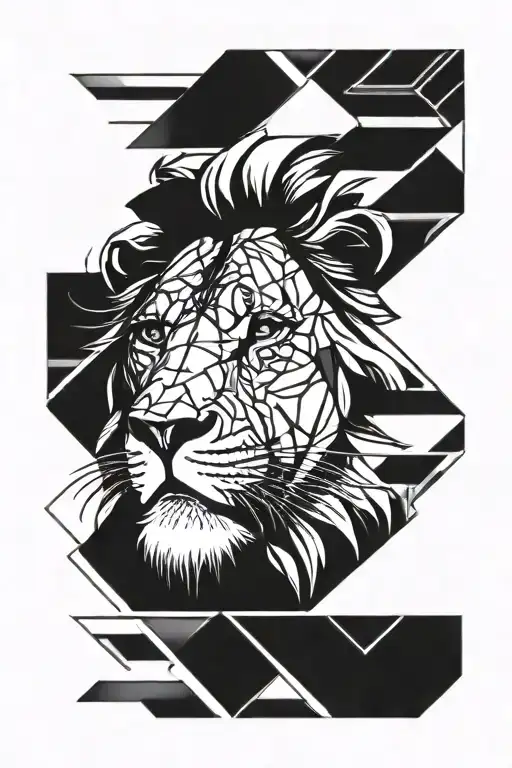 Lion Face Blackwork With Lines Tattoo Design