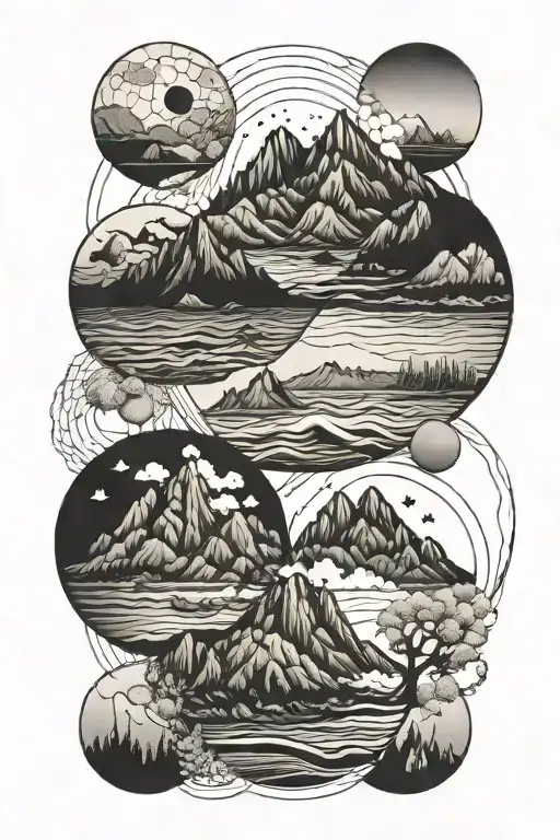 Circles With Mountain Sea And Children's