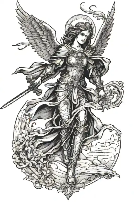 St Michale Archangel Beaty Female With Sword Going Down A Hill Front View