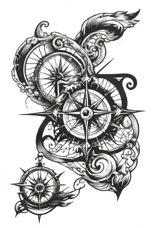 Boat Compass Rose Tattoo Design Combining
