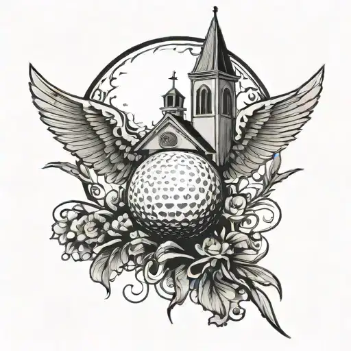 A Golf Ball With Wings Flying Towards A Church Steeple
