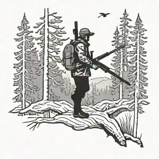 A Detailed Silhouette Of A Hunter With A Rifle In A Forest Setting