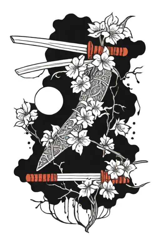 Katana And Sakura Flowers