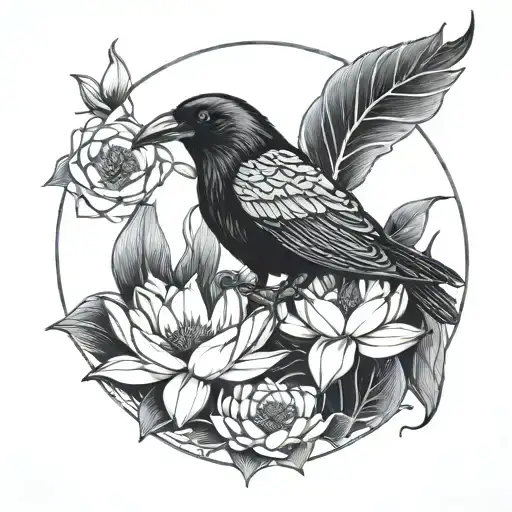 Crow And Lotus Flower Blooming