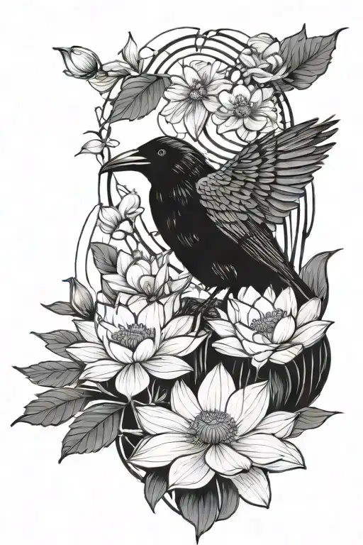 Crow And Lotus Flower Blooming Cherry Blossom