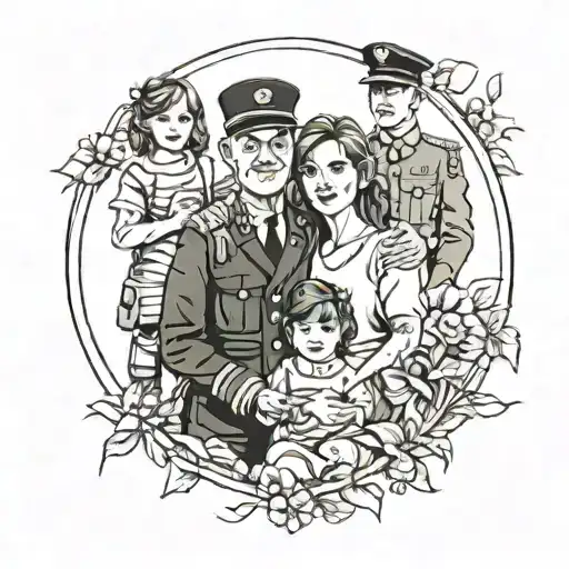 A Blackwork Tattoo Design Featuring A Humble Family Portrait In A Military Setting
