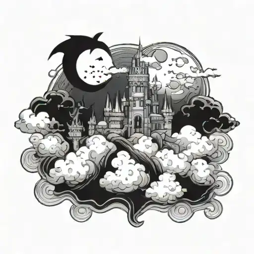 Dark Castle On Clouds With A Moon Bats And A Dragon