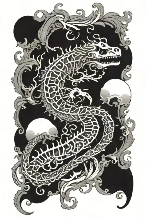 Sea Serpent Skeleton In Gray With Filigree And Baroque Ornaments Around It
