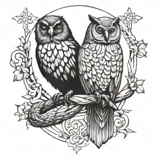 Raven And Owl Holding A Snake Intertwined