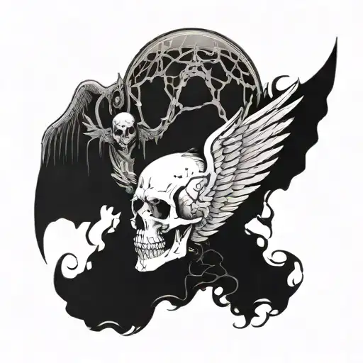 Skull With An Angel Of Death Emerging Out Of It Symbolizing Death Tattoo
