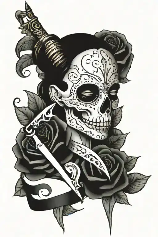 Aries Skull And Rose And Stiletto Knife