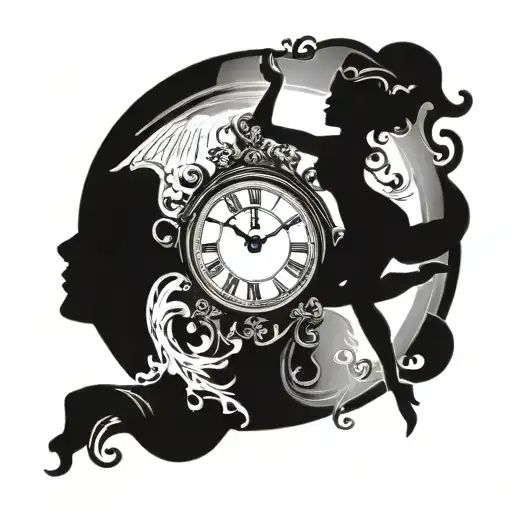 A Tattoo Design Combining A Vintage Clock And A Silhouette Of A Dancing Figure