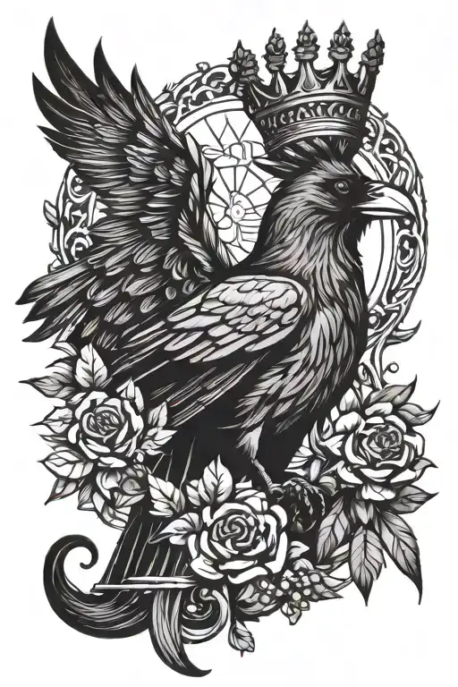 Combine Elements Of Ancient Greek Mythology With A Raven And A Crown