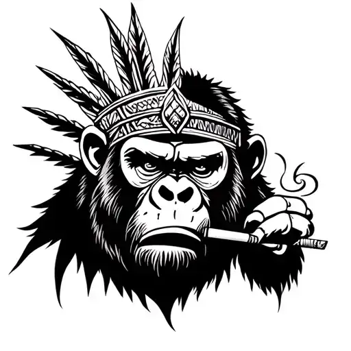 Crowned African Tribe Mask Angry Gorilla Smoking Cigarette
