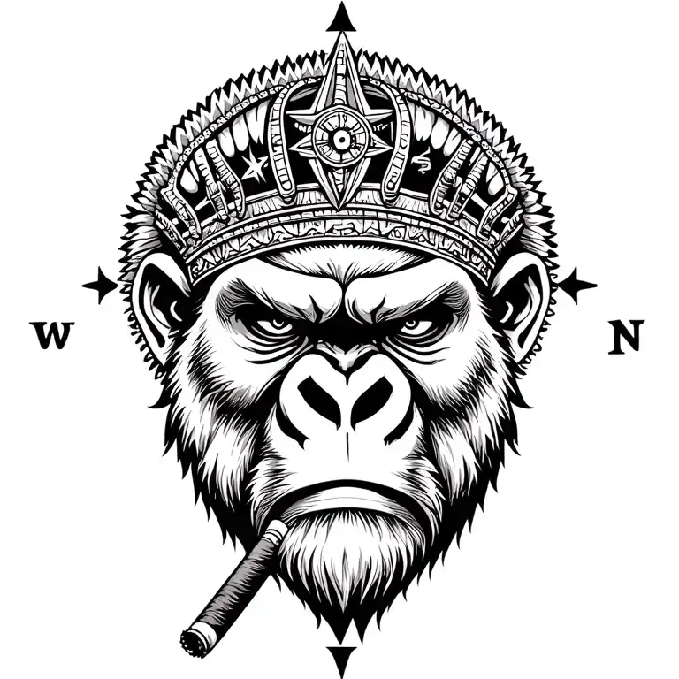 Compass Rose Surrounding A Crowned African Tribe Mask Angry Gorilla No Hair Smoking Cigarette